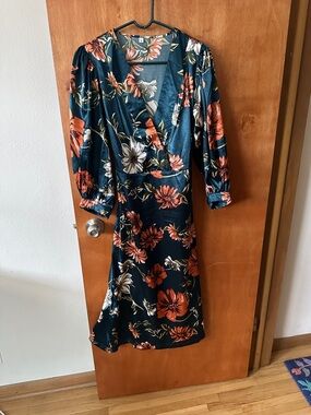 Floral Satin Wrap Dress in Emerald and Orange